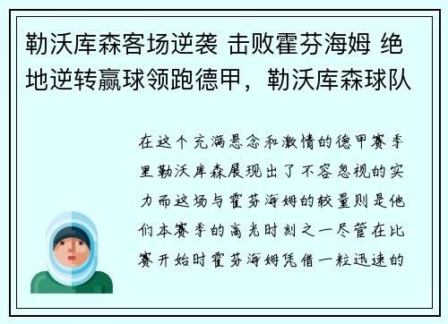 勒沃库森客场逆袭 击败霍芬海姆 绝地逆转赢球领跑德甲，勒沃库森球队图片