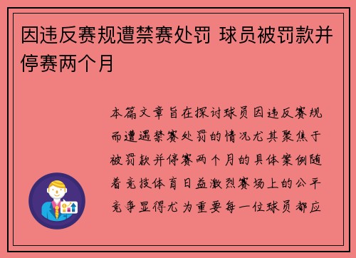 因违反赛规遭禁赛处罚 球员被罚款并停赛两个月
