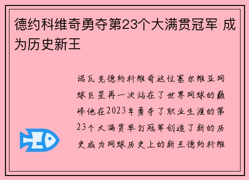 德约科维奇勇夺第23个大满贯冠军 成为历史新王